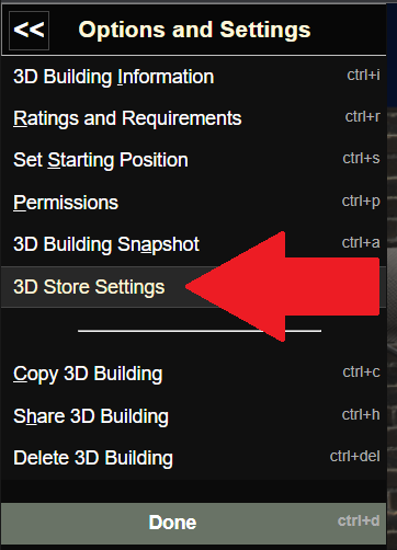 3D Store Settings in Options and Settings