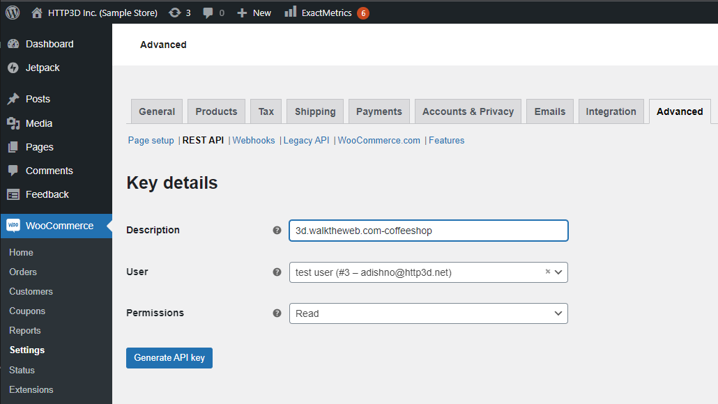 WooCommerce Add REST API Key